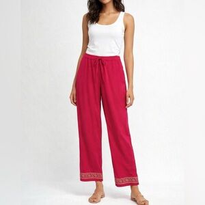 Red Boho Wide Leg Pants Embroidered Hem Drawstring Waist Lounge Resort Vacation